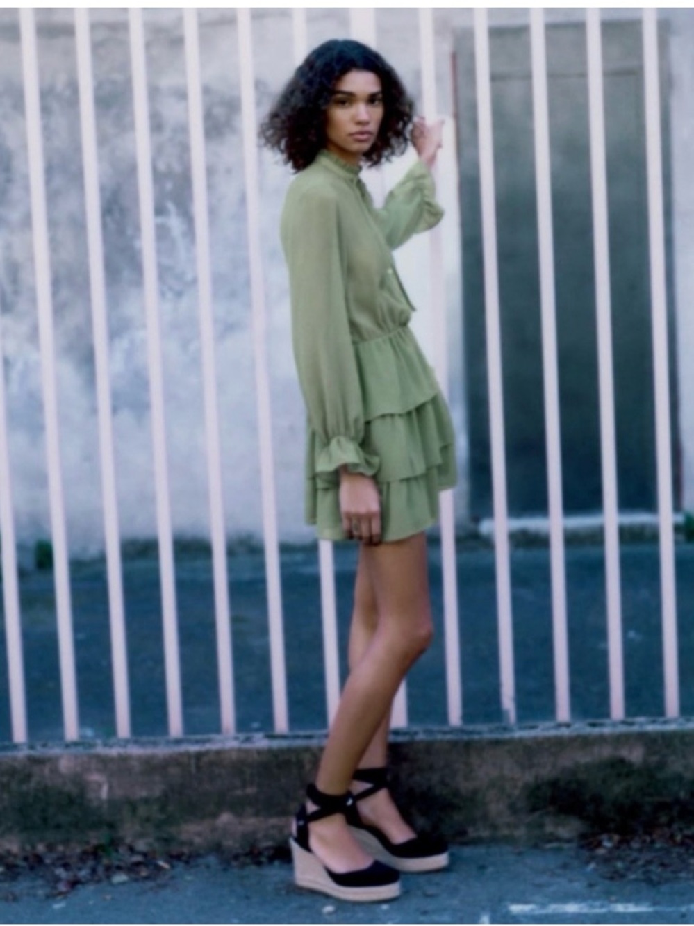 Zara Olive Sage Green Tiered Ruffled Mini Dress